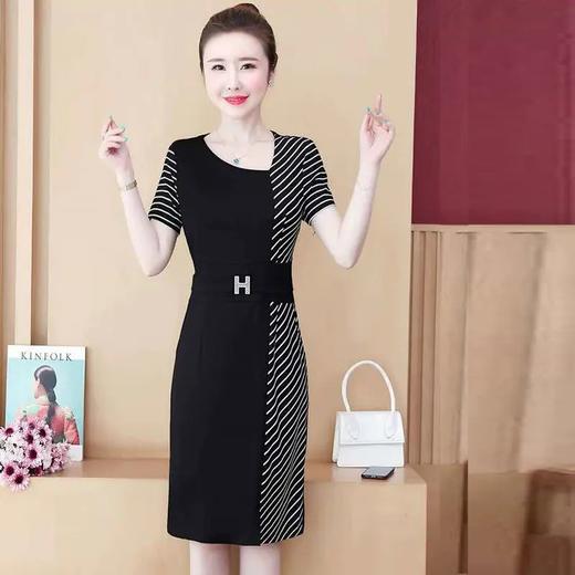TZW-女夏大码女装胖mm遮肚收腰显瘦黑色条纹拼接连衣裙 商品图5