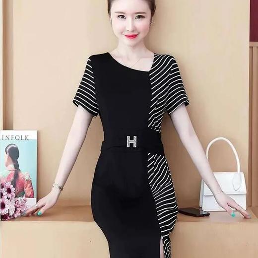 TZW-女夏大码女装胖mm遮肚收腰显瘦黑色条纹拼接连衣裙 商品图0