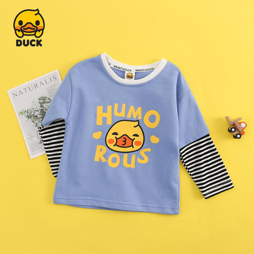 【母婴】男童秋装新品韩范洋气卡通小黄鸭儿童条纹假两件T恤长袖上衣 商品图2