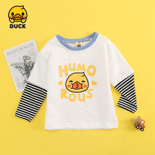 【母婴】男童秋装新品韩范洋气卡通小黄鸭儿童条纹假两件T恤长袖上衣 商品图3