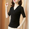新款纯色，网纱交叉V领简约收腰显瘦打底衫中袖T恤KQL-6064 商品缩略图4