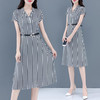 HT102-105新款时尚气质收腰V领短袖中长款条纹连衣裙 商品缩略图1