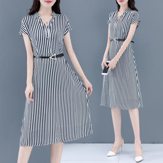 HT102-105新款时尚气质收腰V领短袖中长款条纹连衣裙 商品图1