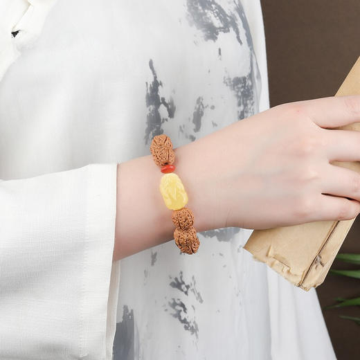 六鑫珠宝 尼泊尔五瓣爆肉双龙纹大金刚菩提手串 金刚菩提+绿松石+蜜蜡+南红 13-14mm 商品图6