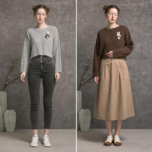 famecoco范可儿圆领毛衣女士绞花肌理短款宽松羊毛上衣F216DB011 商品图3