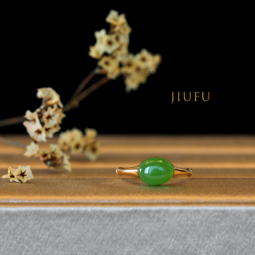 18K玫瑰金和田玉（碧玉）戒指--节节高 /小蛋面7*9mm/苹果绿（戒圈请备注留言） 商品图0