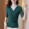 新款纯色，网纱交叉V领简约收腰显瘦打底衫中袖T恤KQL-6064 商品缩略图1