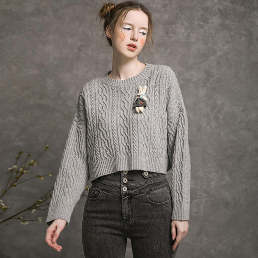famecoco范可儿圆领毛衣女士绞花肌理短款宽松羊毛上衣F216DB011 商品图2