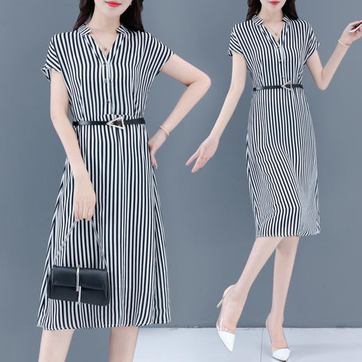 HT102-105新款时尚气质收腰V领短袖中长款条纹连衣裙 商品图3