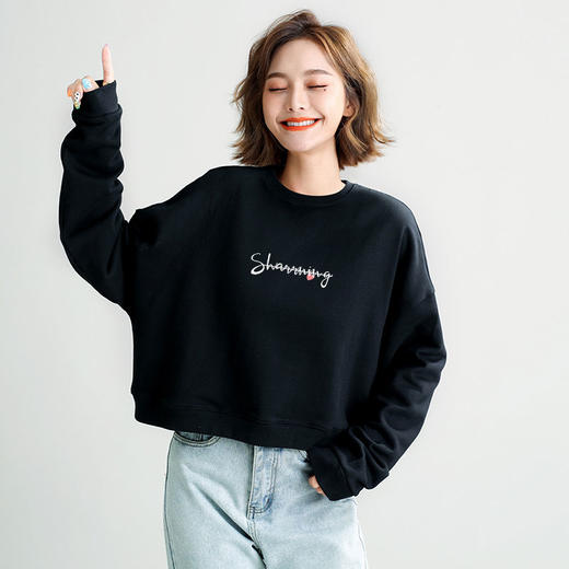 宽松短款卫衣春秋薄款圆领长袖高腰上衣 商品图5