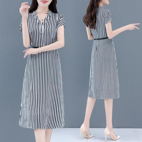 HT102-105新款时尚气质收腰V领短袖中长款条纹连衣裙