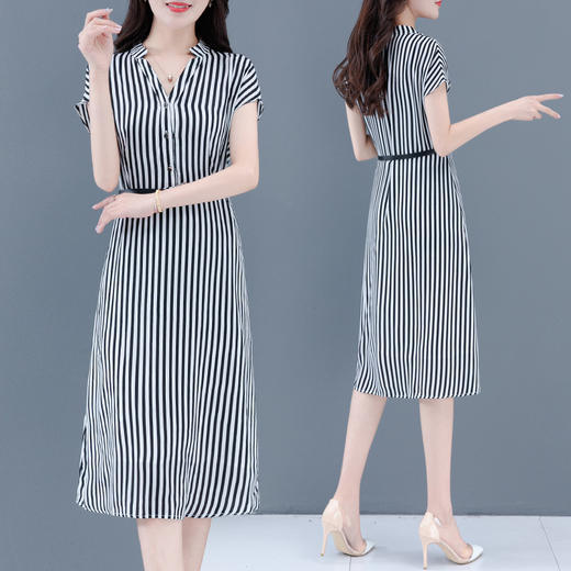 HT102-105新款时尚气质收腰V领短袖中长款条纹连衣裙 商品图0