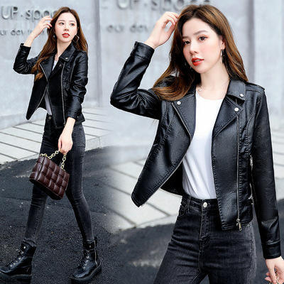 WZNH- WW22699 纯色pu皮衣外套女2021秋装新款短款小机车服帅气皮夹克外套 商品图4