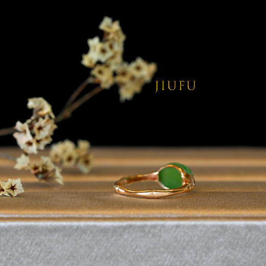 18K玫瑰金和田玉（碧玉）戒指--节节高 /小蛋面7*9mm/苹果绿（戒圈请备注留言） 商品图2