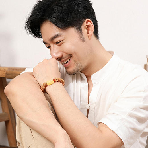 六鑫珠宝 尼泊尔五瓣爆肉双龙纹大金刚菩提手串 金刚菩提+绿松石+蜜蜡+南红 13-14mm 商品图3