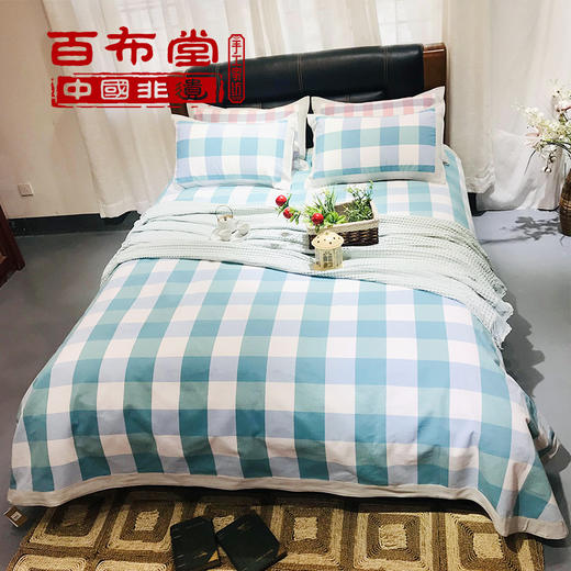（乡村振兴商品）百布堂纯棉养生棉凉席三件套（青色格子） 商品图0
