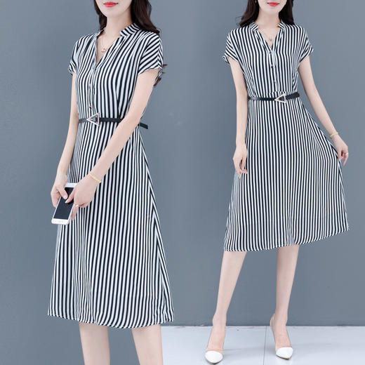 HT102-105新款时尚气质收腰V领短袖中长款条纹连衣裙 商品图2