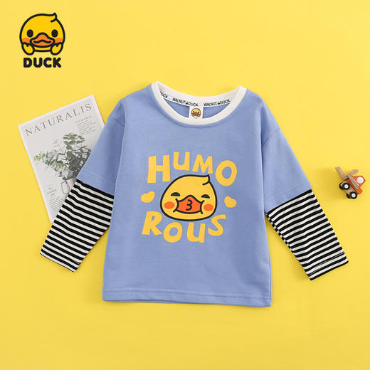 【母婴】男童秋装新品韩范洋气卡通小黄鸭儿童条纹假两件T恤长袖上衣 商品图1