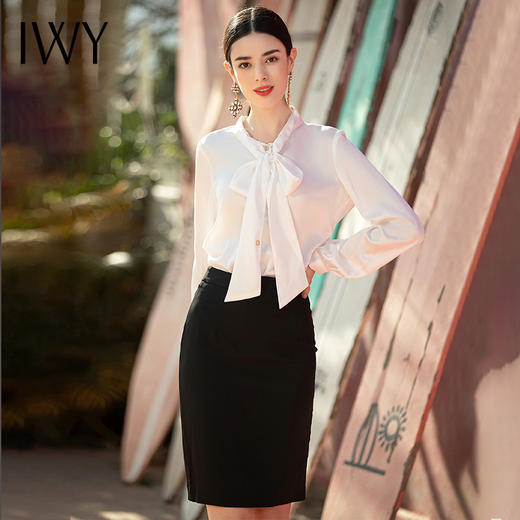 IWY/气质时尚复古百搭长袖衬衫半裙领结白色女士名媛职业女装衬衣NB0002-W+S1187 商品图0