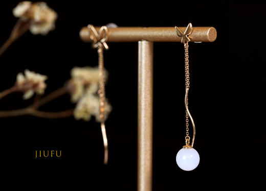 18K玫瑰金和田玉（白玉）耳饰--蝶影  /圆珠8mm/总长49mm 商品图1