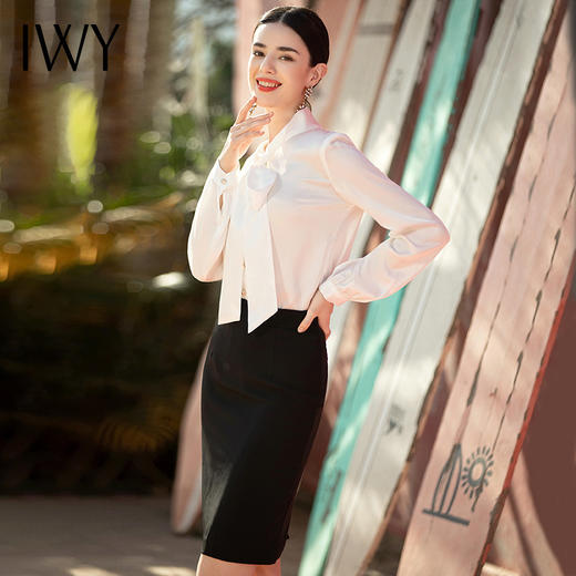 IWY/气质时尚复古百搭长袖衬衫半裙领结白色女士名媛职业女装衬衣NB0002-W+S1187 商品图2