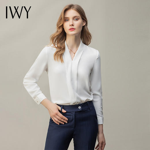 IWY/气质时尚西装百搭衬衫女修身显瘦韩版长袖衬衣套裤白色职业正装OL B11120+P11238 商品图0