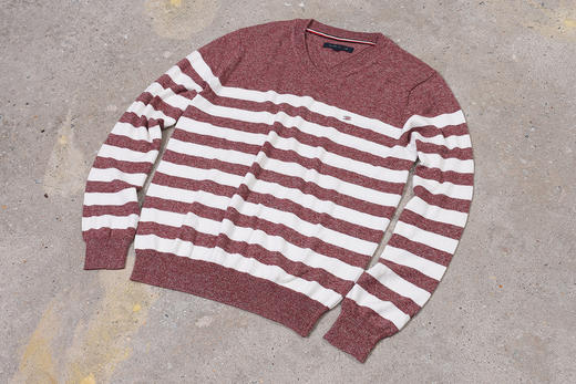 横纹拼色棉质 胸前刺绣 V领毛衣/针织衫 特惠 T-1066 商品图11