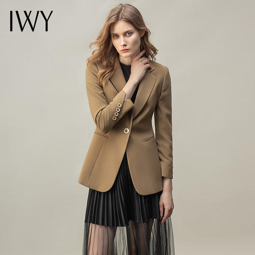 IWY/卡其色气质高端西装套装女长袖修身一粒扣总裁正装面试工作服C11378+纱裙7500457 商品图0