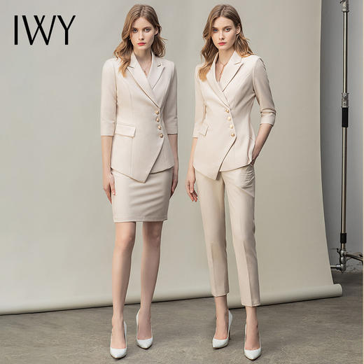 IWY/米白时尚套装女职业装收腰西装五分袖休闲通勤套裤职场商务风 C10408+P10407米白 商品图4