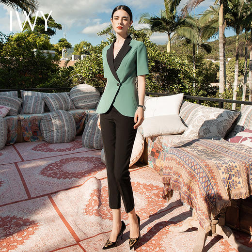 IWY/气质短袖拼接西装套装女时尚高端职业装总裁正装美容院工作服正装C1305+P433-B 商品图2