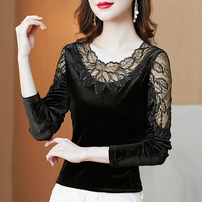 MZ105349 丝绒打底衫女秋季大码胖MM韩版t恤长袖宽松绣花内搭外穿 商品图4
