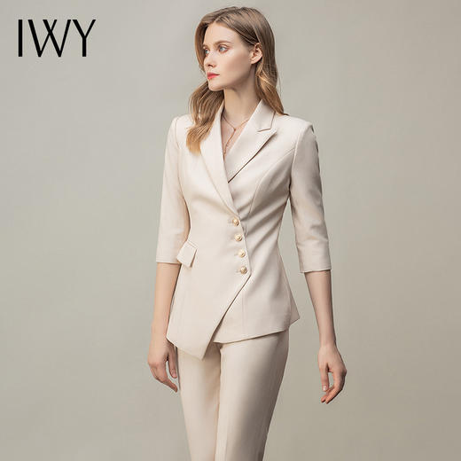 IWY/米白时尚套装女职业装收腰西装五分袖休闲通勤套裤职场商务风 C10408+P10407米白 商品图1