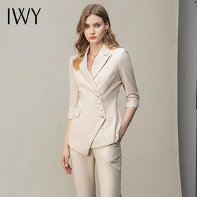 IWY/米白时尚套装女职业装收腰西装五分袖休闲通勤套裤职场商务风 C10408+P10407米白