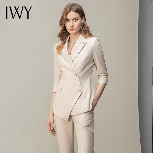 IWY/米白时尚套装女职业装收腰西装五分袖休闲通勤套裤职场商务风 C10408+P10407米白 商品图0