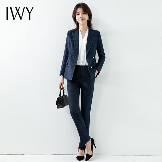 IWY/职业女装时尚气质套装藏青条纹休闲通勤套裤百搭职业干练西服NC180+P179 商品图2