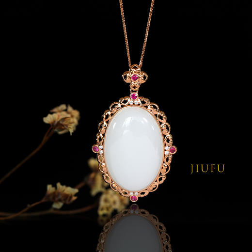 18K玫瑰金和田玉（白玉）镶钻吊坠--繁花似锦 /蛋面20*30*8mm 商品图0