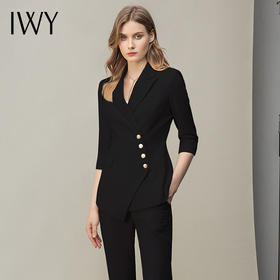 IWY/黑西装正装女职业装不规则单排扣设计五分袖西服干练气质套装 C10408+P10407黑色