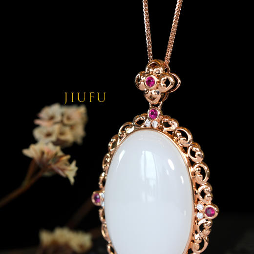 18K玫瑰金和田玉（白玉）镶钻吊坠--繁花似锦 /蛋面20*30*8mm 商品图2