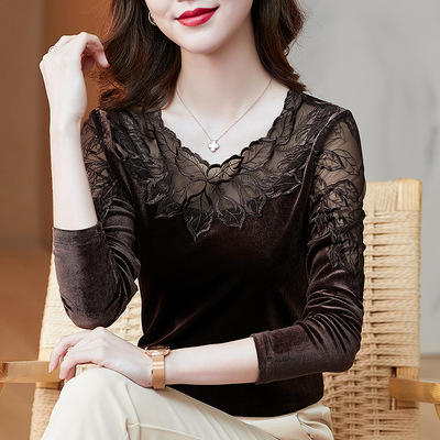 MZ105349 丝绒打底衫女秋季大码胖MM韩版t恤长袖宽松绣花内搭外穿 商品图3