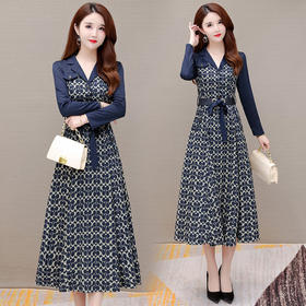YWE  ALLJ21B07D气质优雅阔太太长袖印花连衣裙