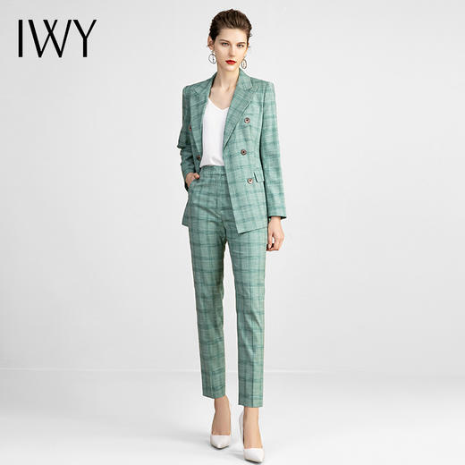 IWY/绿色格纹高端职业西装套装女时尚修身通勤工作服播音主持正装 213122C1+P1 商品图2