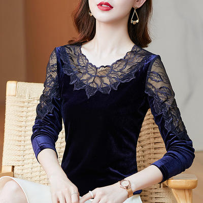 MZ105349 丝绒打底衫女秋季大码胖MM韩版t恤长袖宽松绣花内搭外穿 商品图1
