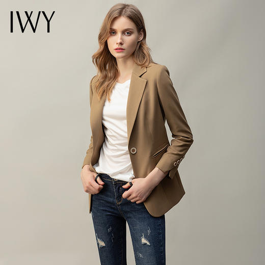 IWY/卡其色气质高端西装套装女长袖修身一粒扣总裁正装面试工作服C11378+牛仔裤73J0262 商品图1