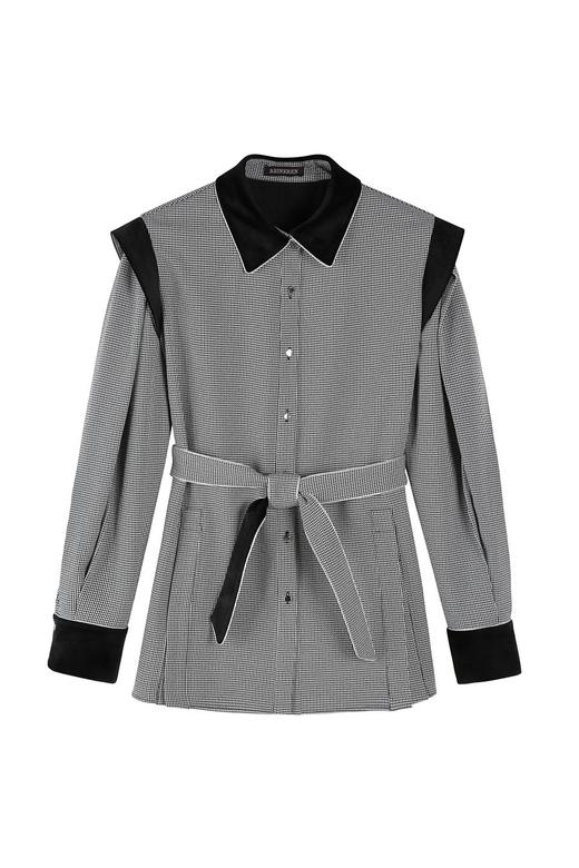 千鸟格宽肩收腰泡泡袖衬衫 商品图0