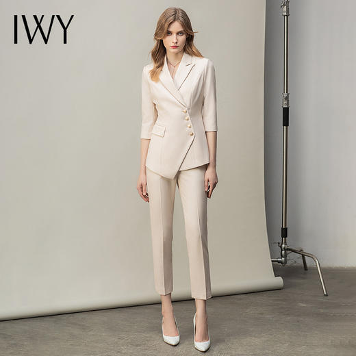 IWY/米白时尚套装女职业装收腰西装五分袖休闲通勤套裤职场商务风 C10408+P10407米白 商品图2