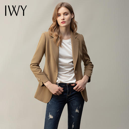 IWY/卡其色气质高端西装套装女长袖修身一粒扣总裁正装面试工作服C11378+牛仔裤73J0262 商品图0