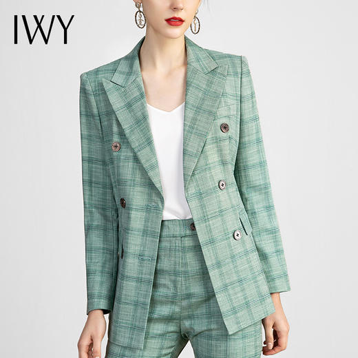 IWY/绿色格纹高端职业西装套装女时尚修身通勤工作服播音主持正装 213122C1+P1 商品图4