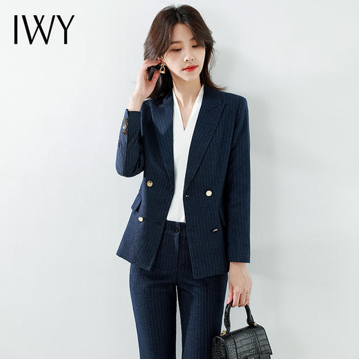 IWY/职业女装时尚气质套装藏青条纹休闲通勤套裤百搭职业干练西服NC180+P179 商品图0