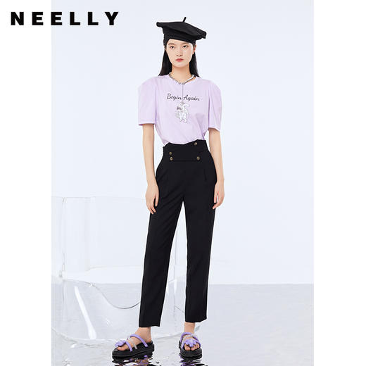 NEELLY纳俪新款西装裤女高腰直筒宽松垂感黑色烟管裤显瘦休闲裤N21071H01028 商品图3
