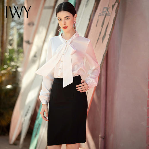 IWY/气质时尚复古百搭长袖衬衫半裙领结白色女士名媛职业女装衬衣NB0002-W+S1187 商品图1